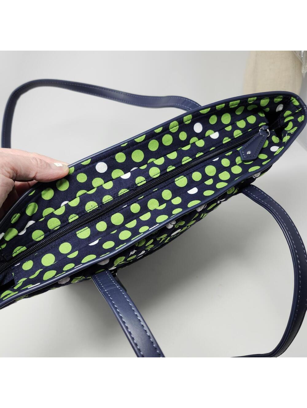 Vera Bradley Blue Green Polka Dot Quilted Tote Bag 11x15 - Picture 4 of 6